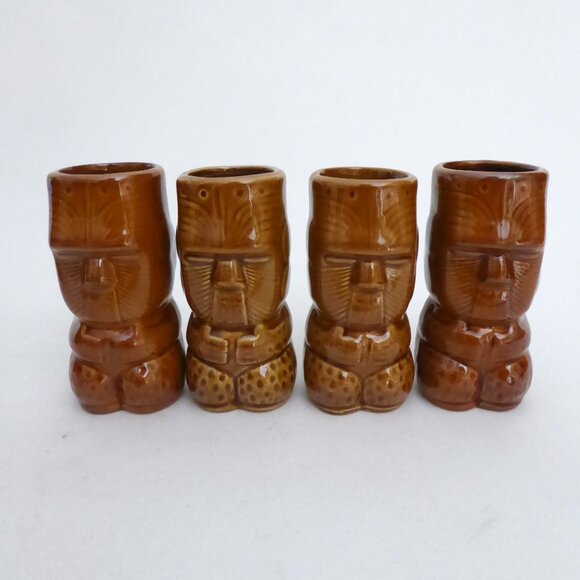 NEW VINTAGE EASTER ISLAND MAORI MOAI TOTEM BROWN CERAMIC TIKI MUG SHOT LOT OF 6 - Picture 10 of 13
